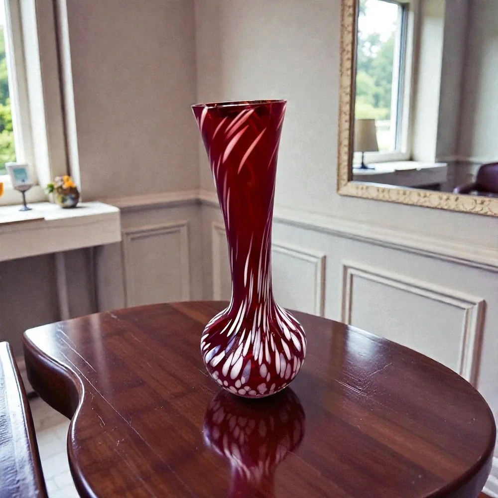 Hand Blown Red Swirl Glass Bud Vase Decorative Accent
